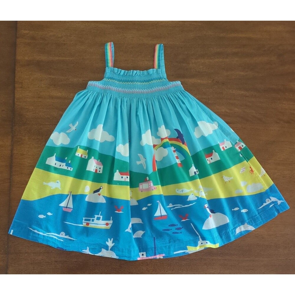 Mini Boden blue coastal scene smocked sun dress size 6/7 GUC